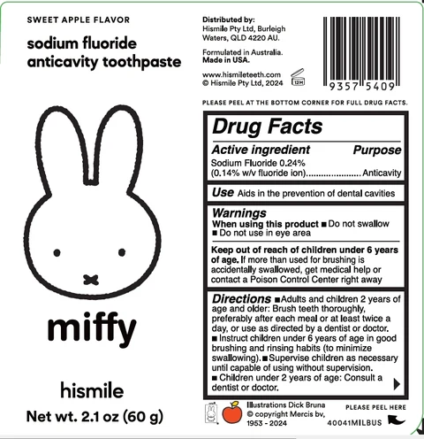 Hismile Miffy Sweet Apple Flavor Sodium Fluoride Anticavity Toothpast 포장