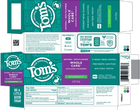 Toms Whole Care Spearmintfights cavities whitening fresh breath helps fight tartar packaging