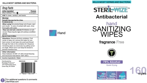 Steril-Wize Antibacterial Hand Sanitizing Wipes, Fragrance Free packaging
