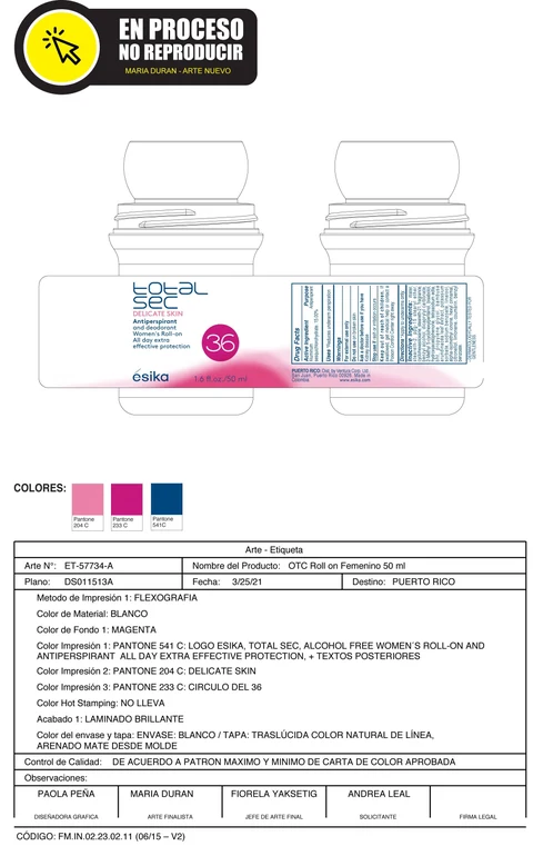 esika total sec DELICATE SKIN Antiperspirant and deodorant Womens roll-on All day extra effective protection packaging
