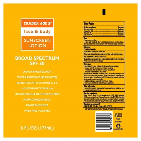 TRADER JOES FACE AND BODY SUNSCREENSPF 30 포장