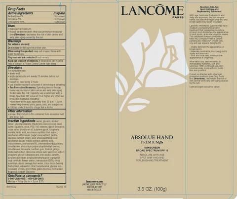 Lancome Paris Absolue Hand Premium Bx Broad Spectrum SPF 15 Sunscreen Absolute Anti Age Spot Unifying And Replenishing Treatment packaging