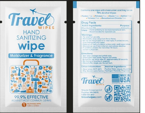 Travel Wipes Moisturizer and fragrance packaging
