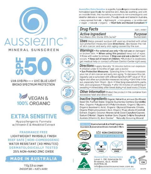 AussieZinc Mineral Sunscreen Vegan and Organic Extra Sensitive 포장