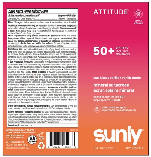ATTITUDE Sunly Mineral sunscreen Sprayer SPF 50 Sun kissed vanilla 포장