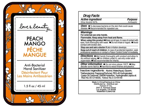 Love and Beauty Peach Mango Anti-Bacterial Hand Sanitizer packaging