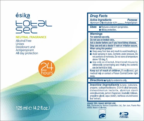 esika total sec NEUTRAL FRAGRANCE Alcohol Free Unisex Deodorant and Antiperspirant - All day protection packaging