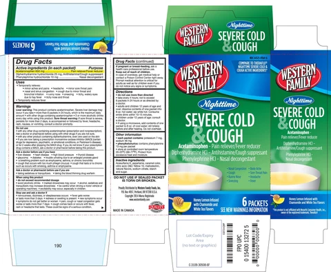 Western Family Nighttime Severe Cold and Coughhoney lemon infused with chamomile and white tea flavors packaging