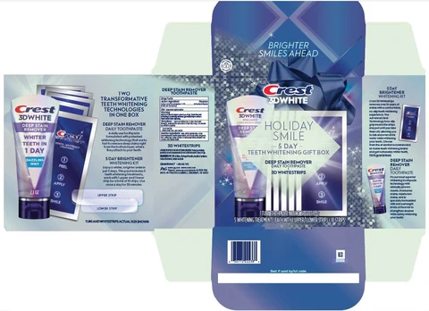 Crest 3D WhiteHoliday Smile Deep Stain Remover and Whitestrips 포장