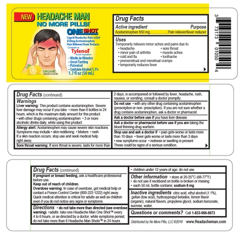 Headache Man No More Pills, One Shot, Headache Pain Relief packaging