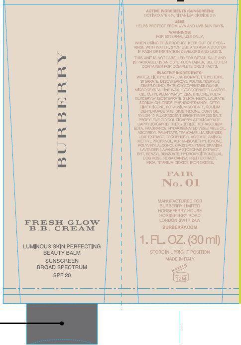 BURBERRY FRESH GLOW B.B. LUMINOUS SKIN PERFECTING BEAUTY BALM SUNSCREEN BROAD SPECTRUM SPF 20 FAIR 01 포장