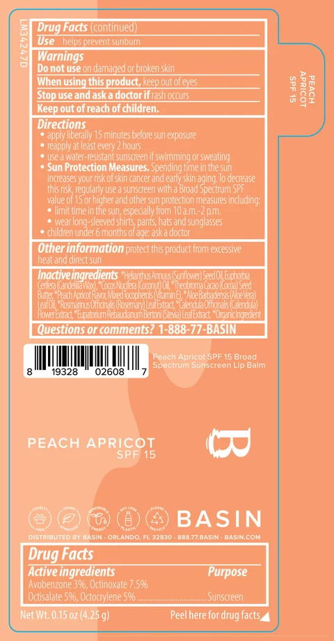 Basin Peach Apricot SPF 15 Broad Spectrum Sunscreen Lip Balm 포장