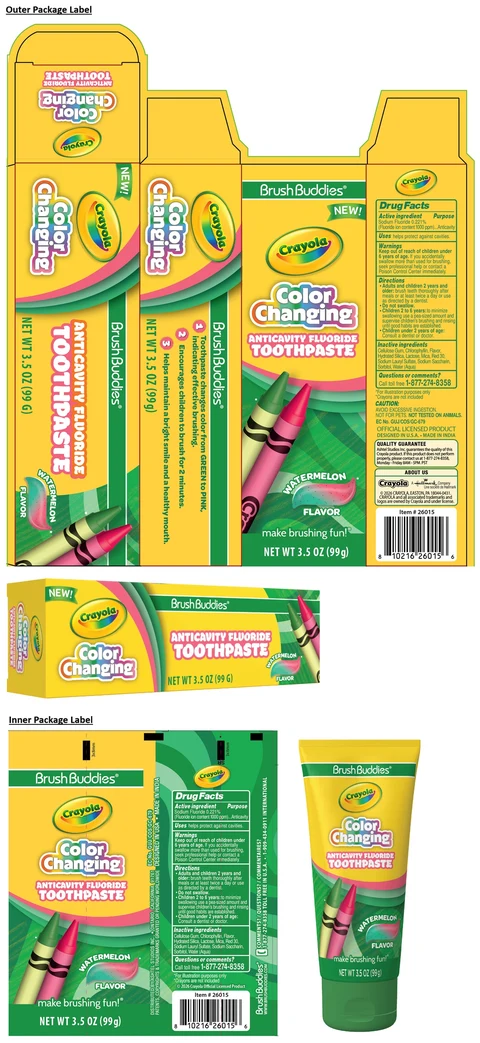 Brush Buddies Crayola Color Changing ANTICAVITY FLUORIDE WATERMELON FLAVOR packaging