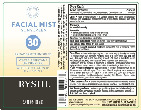 Rite Aid Ryshi Facial Mist Sunscreen Broad Spectrum SPF 30 packaging