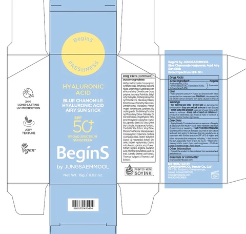 BeginS by JUNGSAEMMOOL Blue Chamomile Hyaluronic Acid Airy Sun Stick Broad Spectrum SPF 50 plus 포장