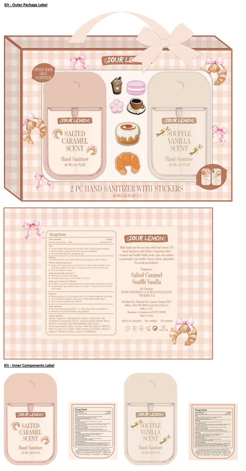 SOUR LEMON 2 PC HAND SANITIZER WITH STICKERS - SALTED CARAMEL AND SOUFFLE VANILLA SCENT 포장
