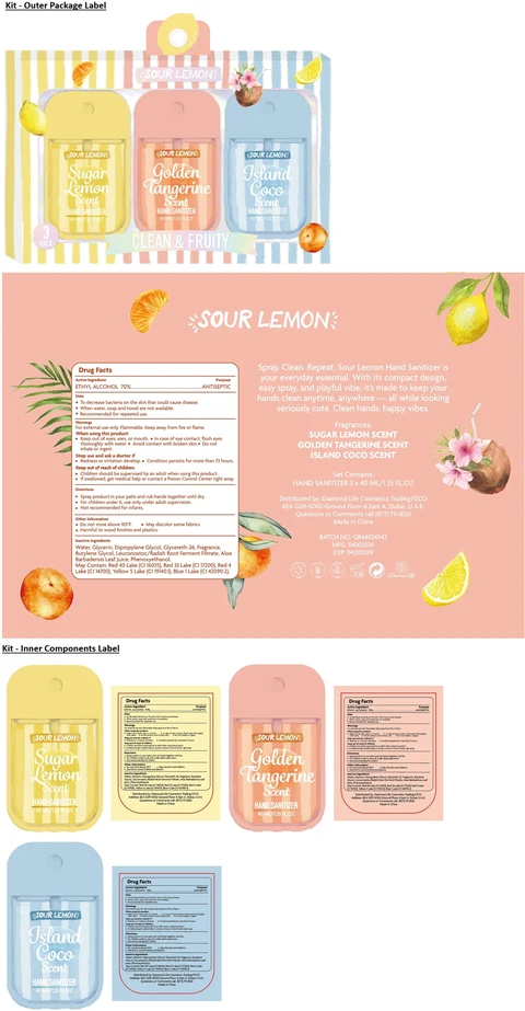SOUR LEMON 3 PACK HAND SANITIZERS - Sugar Lemon, Golden Tangerine and Island Coco Scent 포장