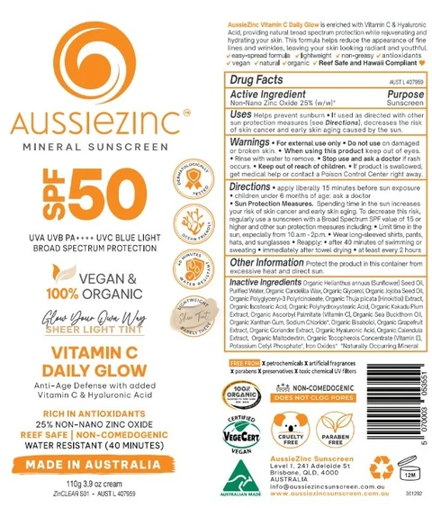 AussieZinc Mineral Sunscreen Vegan and Organic Anti-Aging - Light Tint 포장