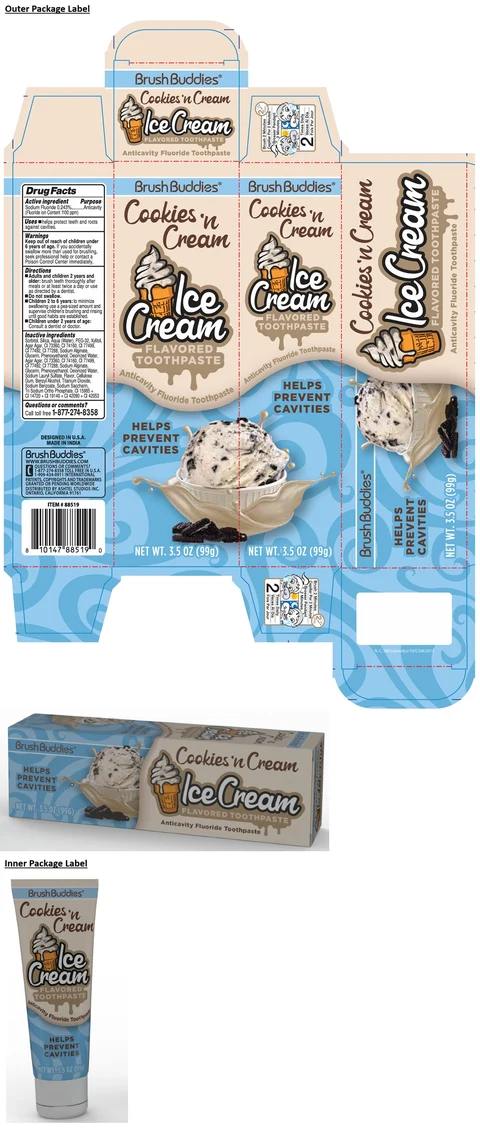 Brush Buddies Cookies n Cream Ice Cream FLAVORED Anticavity Fluoride packaging