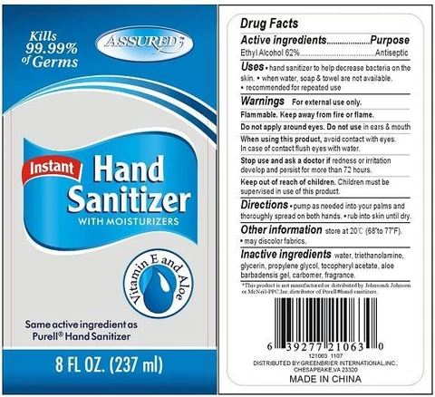 Assured Instant Hand Sanitizer with Moisturizers Vitamin E and Aloe 포장