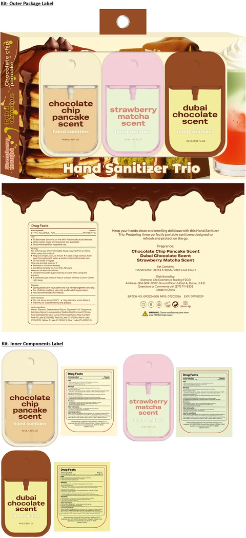 Hand Sanitizer Trio - chocolate chip pancake, strawberry matcha and dubai chocolate scent packaging