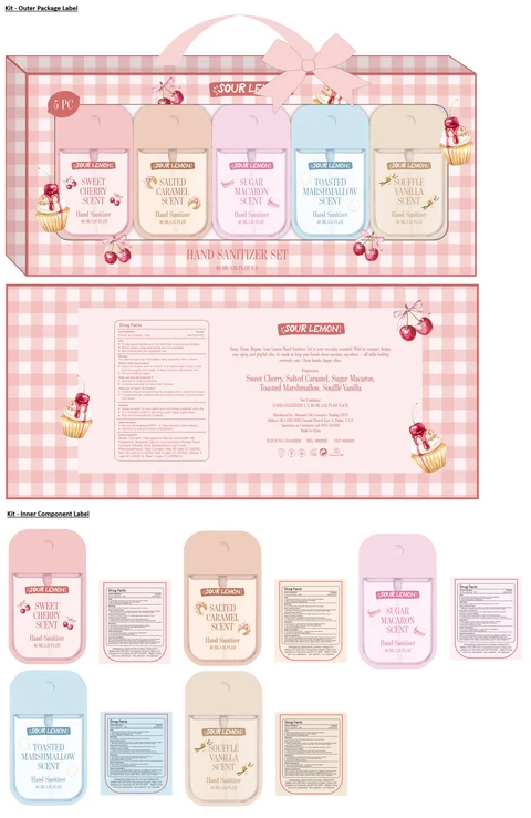 SOUR LEMON HAND SANITIZER SET - SWEET CHERRY, SALTED CARAMEL, SUGAR MACARON, TOASTED MARSHMALLOW AND SOUFFLE VANILLA SCENT 포장