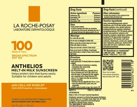 La Roche Posay Laboratoire Dermatologique Anthelios Broad Spectrum SPF 100 Body and Face Melt In Milk Sunscreen Water Resistant 80 Minutes packaging