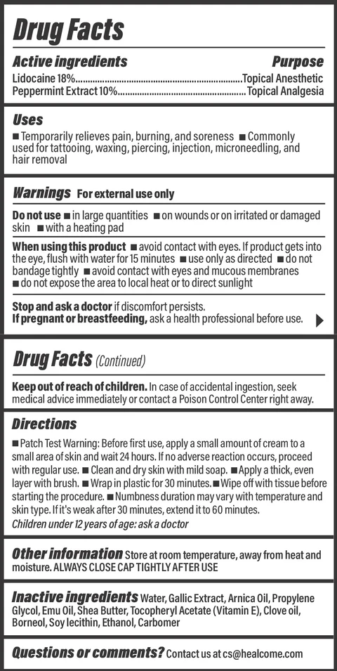 Healcome Tattoo Numbing Cream 18% Lidocaine packaging
