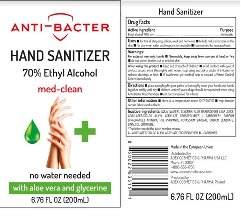 Anti Bacter Hand Sanitizer Med Clean No Water Needed with Aloe Vera and Glycerine 포장