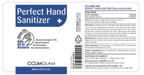 CCLIMGLAM PERFECT HAND SANITIZER (Ethyl Alcohol) packaging