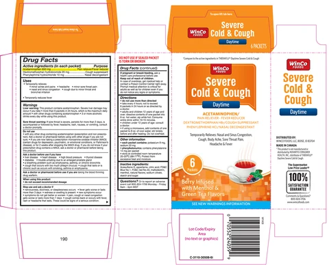 WinCo Foods Daytime Severe Cold and CoughBerry infused with Menthol and Green Tea flavors packaging
