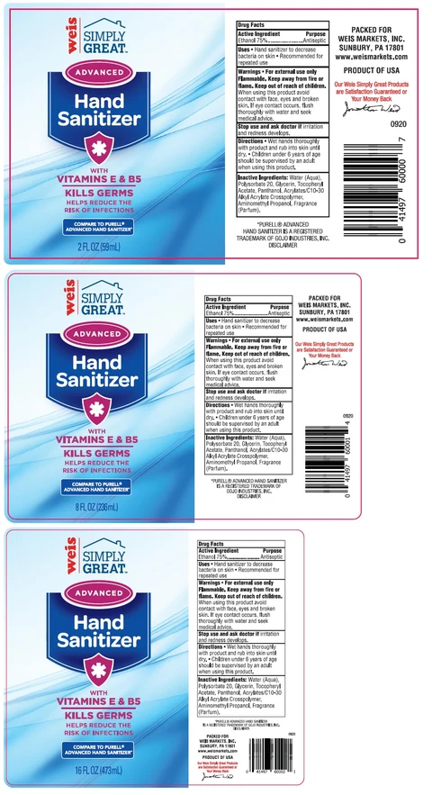 Weis SIMPLY GREAT ADVANCED Hand Sanitizer WITH VITAMINS E and B5 packaging