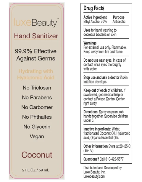 Luxe Beauty Hand Sanitizer Coconut packaging