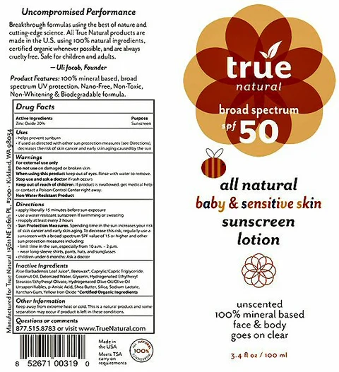 True Natural broad spectrum spf 50all natural baby and sensitive skin sunscreen 포장