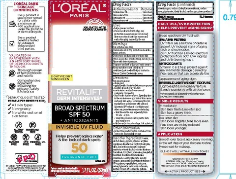 LOreal Paris Revitalift Derm Intensives Invisible UV Fluid Broad Spectrum SPF 50 Sunscreen packaging