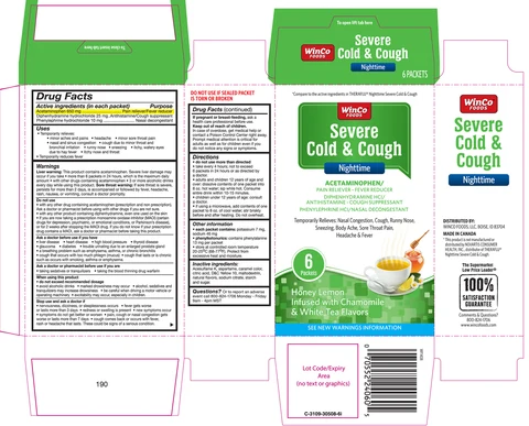 WinCo Foods Nighttime Severe Cold and Coughhoney lemon infused with chamomile and white tea flavors packaging
