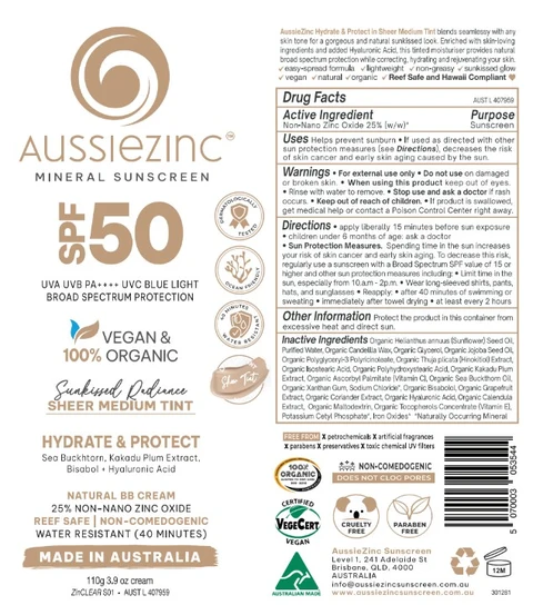 AussieZinc Mineral Sunscreen Vegan and Organic Hydrate and Nourish - Medium Tint 포장