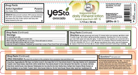 Yes To Avocado Fragrance-Free Daily Mineral Broad Spectrum SPF-15 packaging