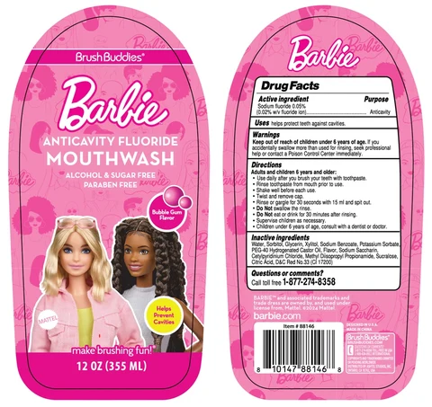 Brush Buddies Barbie ANTICAVITY FLUORIDE - Bubble Gum Flavor packaging