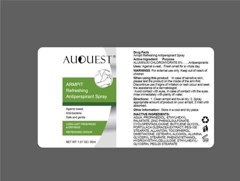 AuQuest ARMPIT Refreshing Antiperspirant Spray. 포장
