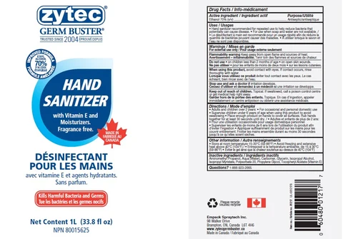 Hand SanitizerZytec Germ Buster packaging