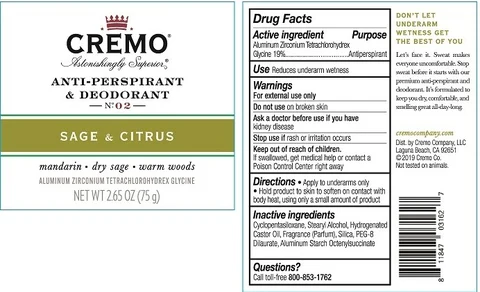 Cremo Anti-Perspirant DeodorantSage and Citrus 포장