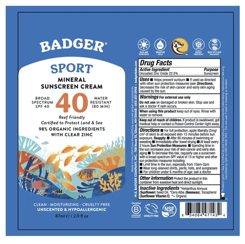 Badger Sport Mineral Sunscreen Cream Broad Spectrum SPF 40 포장