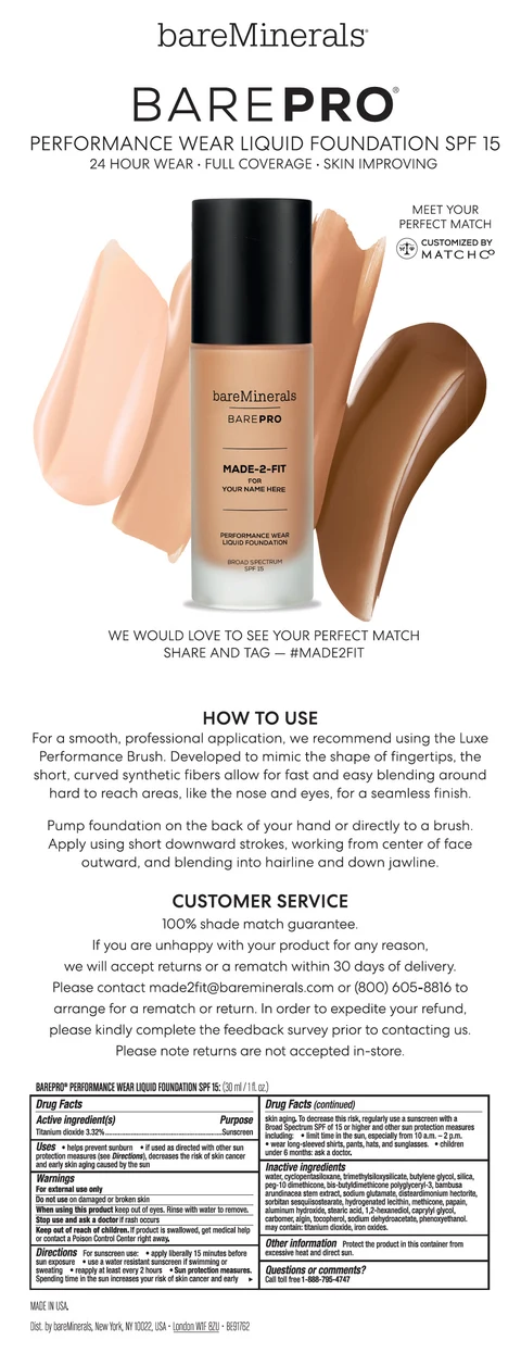 bareMinerals BarePRO Made-2-Fit Performance Wear Foundation Broad Spectrum SPF 15 packaging