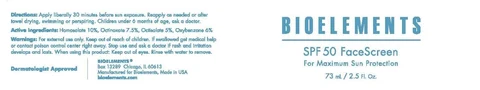 Bioelements, Inc. SPF 50 FaceScreen 포장