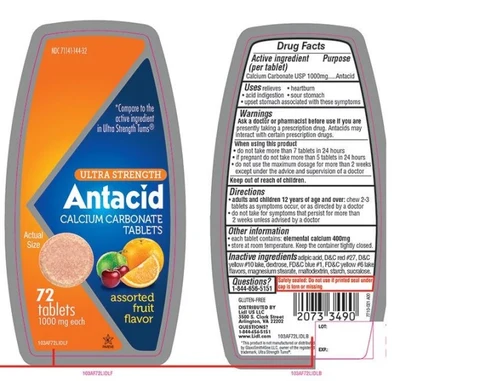 Lidl Ultra Strength Antacid Calcium Carbonate Assorted Fruit packaging