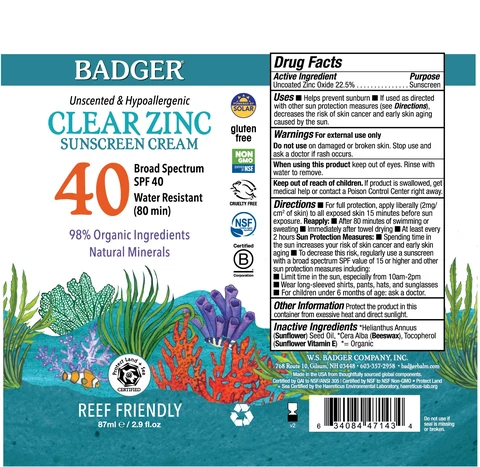 Badger Clear Zinc Sunscreen Cream Broad Spectrum SPF 40 포장