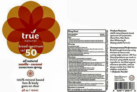 True Natural broad spectrum spf 50all natural vanilla-coconut sunscreen 포장