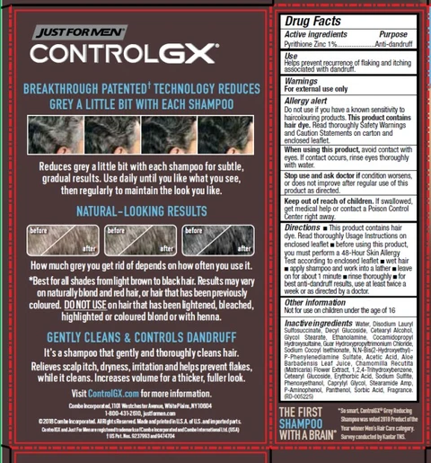 PRINCIPAL DISPLAY PANEL REDUCES GREY WITH EACH SHAMPOO JUST FOR MEN® CONTROL GX® ANTI-DANDRUFF GREY REDUCING ANTI-DANDRUFF SHAMPOO 1% pyrithione zinc GRADUALLY REDUCES GREY SUBTLE, NATURAL-LOOKING RESULTS GENTLY CLEANS & CONTROLS DANDRUFF FOR ANY SHADE OF HAIR. SEE BACK PANEL* 4 FL. OZ. (118 mL) ANTI-DANDRUFF + HAIRCOLOUR SHAMPOO IMPORTANT: Haircolour can cause allergic reactions. Follow Safety Warnings on side panel.