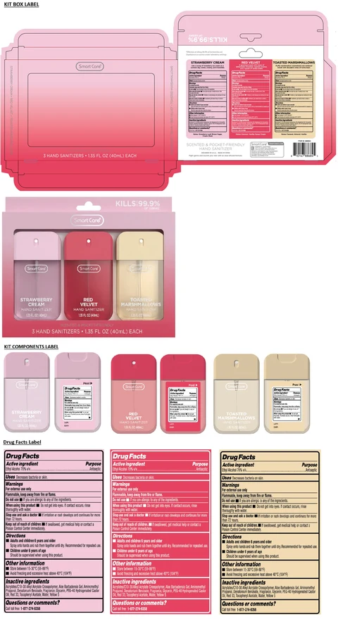 Smart Care 3 HAND SANITIZERS 1.35 FL OZ (STRAWBERRY cream, RED VELVET, TOASTED MARSHMALLOWS) 포장